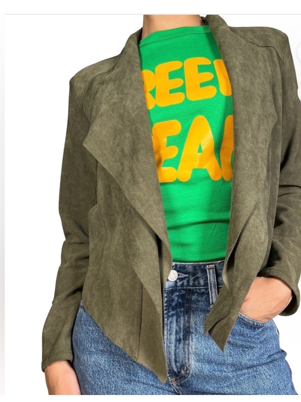 BLANK NYC Drape Front Faux Suede Jacket in Olive Green - Size Small